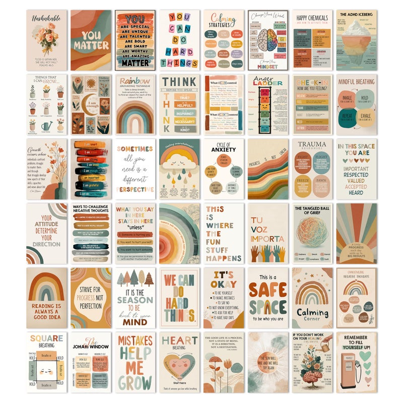 TracyArt Mental Health Posters - Therapy Office Decor, Motivational Posters for Classroom, Unframed 48 Pcs 4" x 6" - Image 1