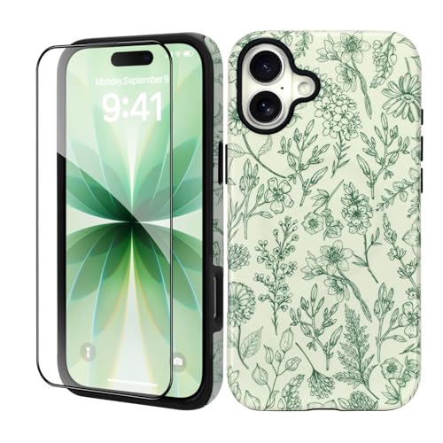 SOKAD Magnetic Sage Floral Phone Case for iPhone 17, Vintage Green Flower Pattern Compatible with Magsafe Matte Protective Case Cover with Screen Protector for Girls Women - Image 2