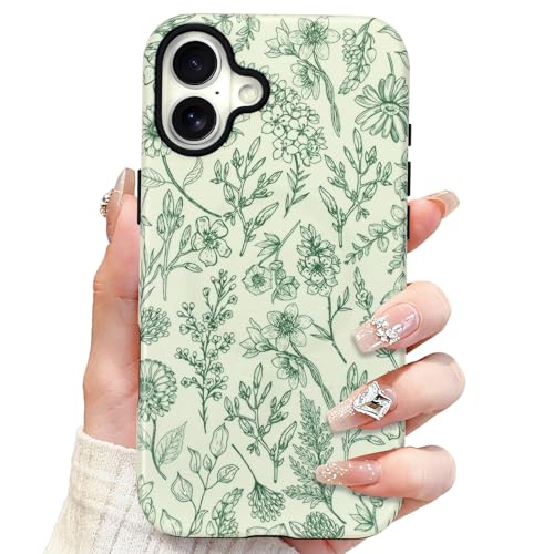 SOKAD Magnetic Sage Floral Phone Case for iPhone 17, Vintage Green Flower Pattern Compatible with Magsafe Matte Protective Case Cover with Screen Protector for Girls Women - Image 1