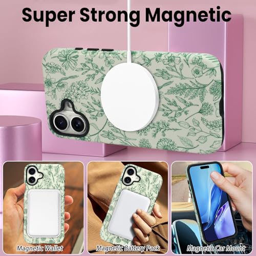 SOKAD Magnetic Sage Floral Phone Case for iPhone 17, Vintage Green Flower Pattern Compatible with Magsafe Matte Protective Case Cover with Screen Protector for Girls Women - Image 4