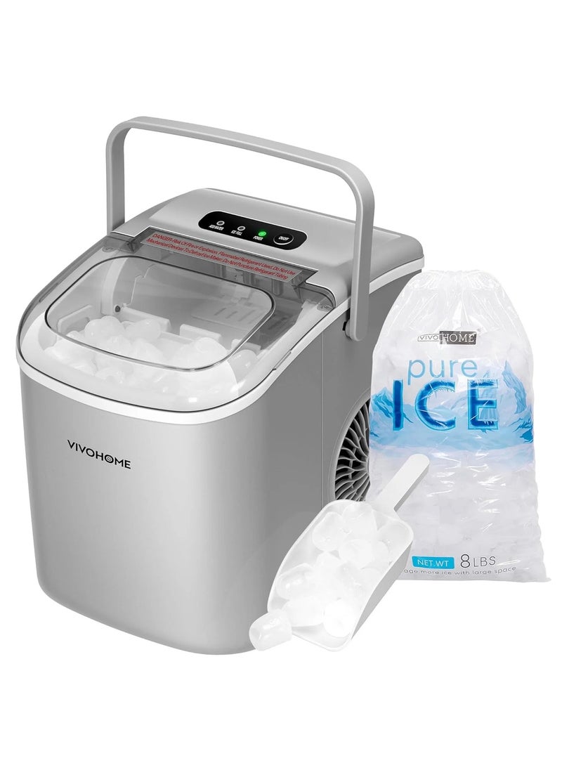 Generic Countertop Ice Maker, 26lbs/24H Ice Cube Maker Machine with Handle, Self Cleaning Function, with Hand Scoop 10 Ice Bags, Silver  - Image 1