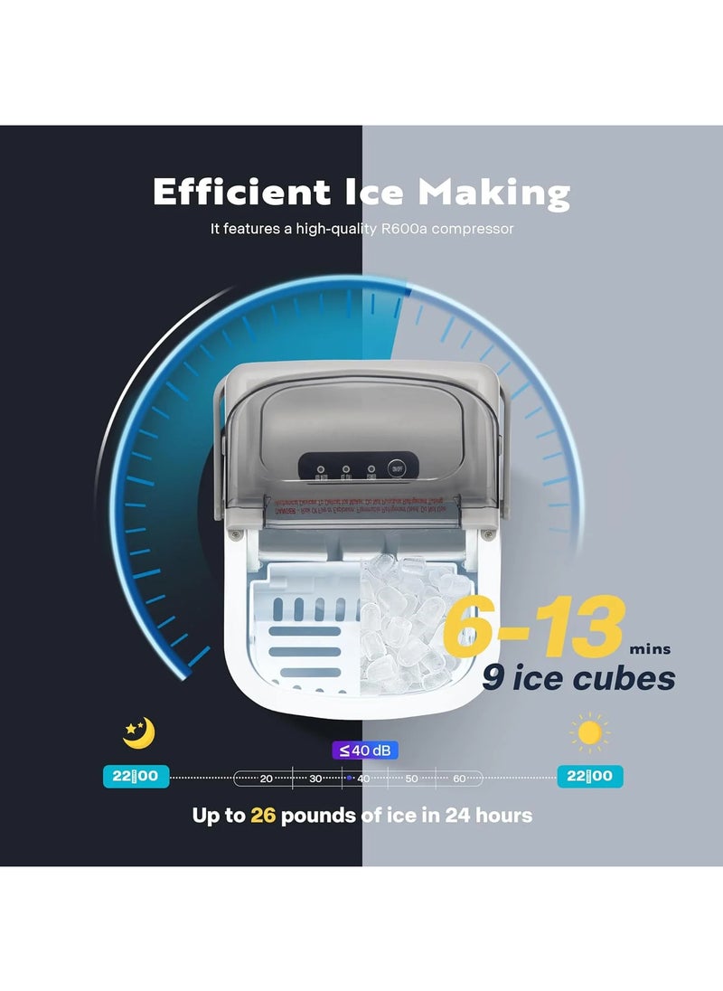 Countertop Ice Maker, 26lbs/24H Ice Cube Maker Machine with Handle, Self Cleaning Function, with Hand Scoop 10 Ice Bags, Silver