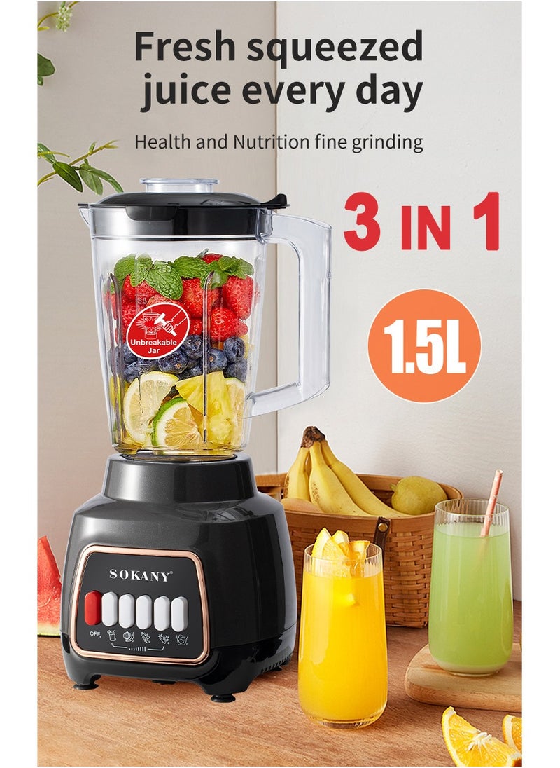 sokany 3-Piece Counter Top Blender Smoothie Maker Mixer With 2 Grinder 1.5 L 600 W SK-03008 Black  - Image 2