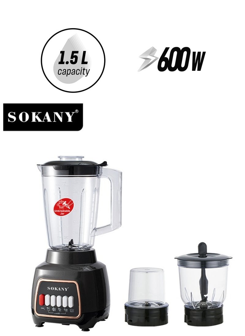sokany 3-Piece Counter Top Blender Smoothie Maker Mixer With 2 Grinder 1.5 L 600 W SK-03008 Black  - Image 1
