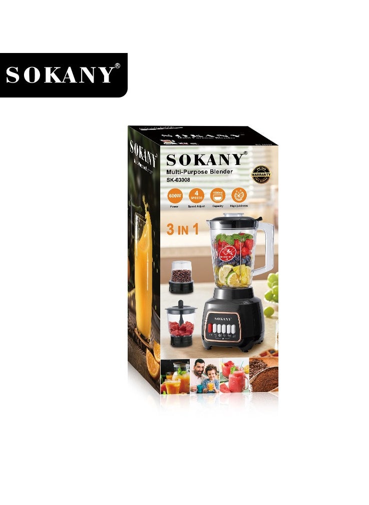 sokany - 3-Piece Counter Top Blender Smoothie Maker Mixer With 2 Grinder 1.5 L 600 W SK-03008 Black - Image 1