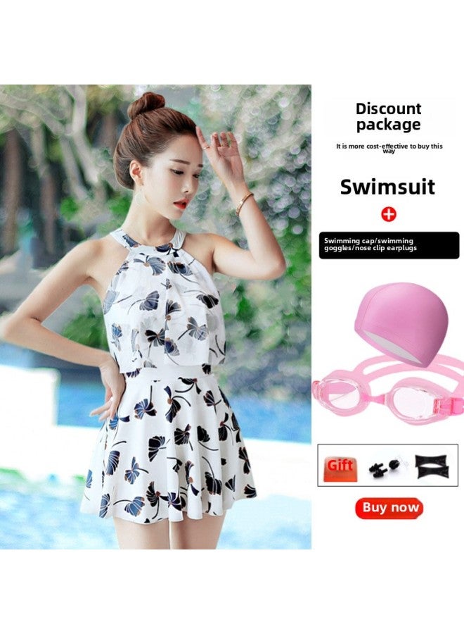 Loquat Parent-child Swimsuit Women's Conservative Belly-covering Slimming Split Girl Princess Dress Swimsuit Female Women's Hot Spring Swimsuit-Color:Adult Beige + Swimming Goggles Four-piece Set- - Image 1