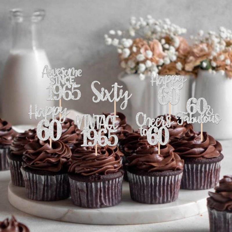 RSSTARXI 24 Pack Vintage 1965 Cupcake Toppers Glitter Sixte Cheers to 60 Fabulous 60th Birthday Cupcake for Happy 60th Birthday Anniversary Cake Cake Cake - Image 4