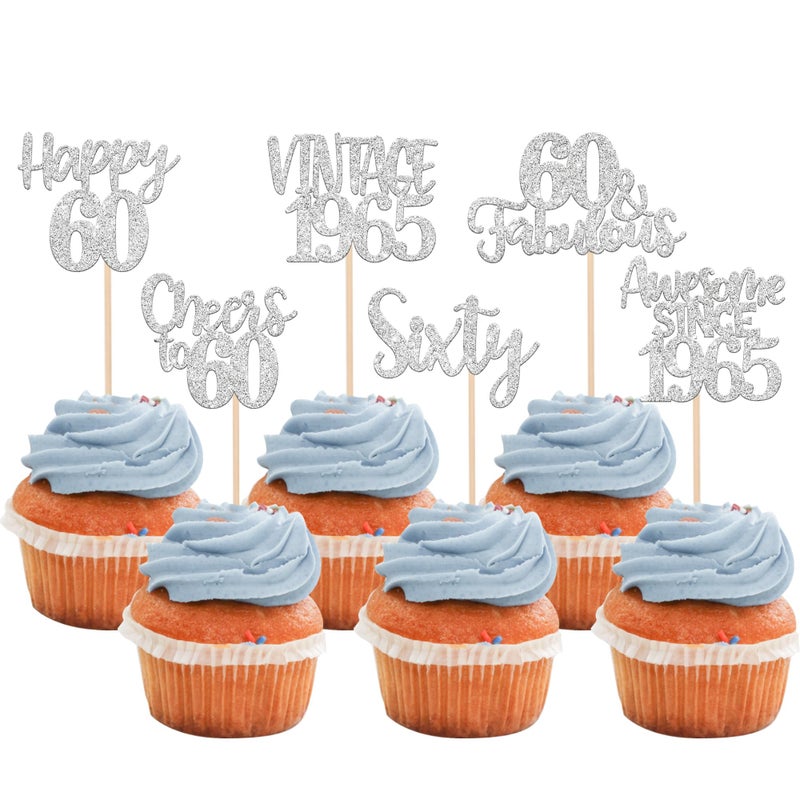 RSSTARXI 24 Pack Vintage 1965 Cupcake Toppers Glitter Sixte Cheers to 60 Fabulous 60th Birthday Cupcake for Happy 60th Birthday Anniversary Cake Cake Cake - Image 1