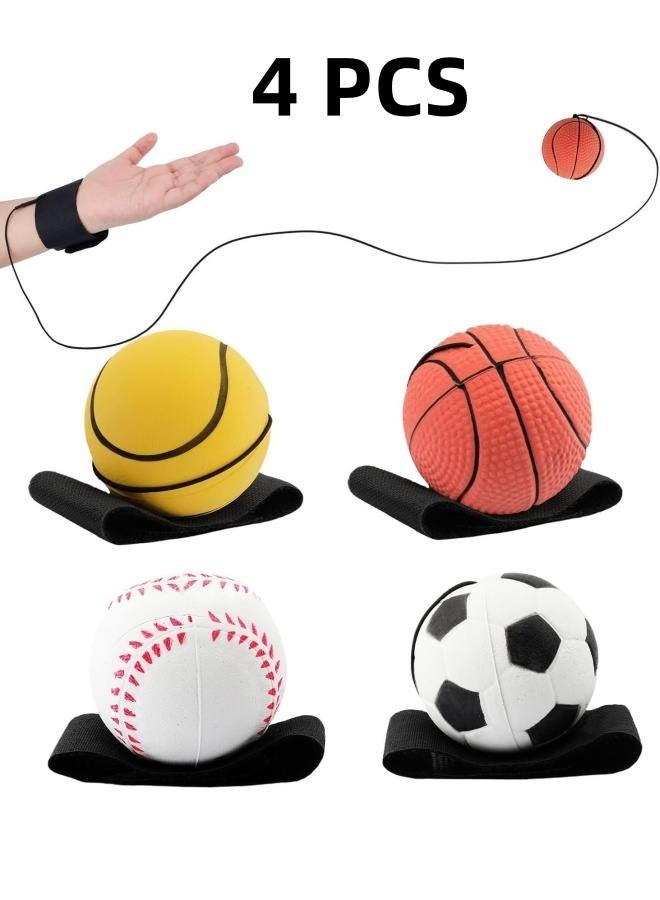 4 قطع من كرات المعصم، كرة رياضية مرتدة مقاس 2.36 بوصة مع شريط مقاومة، بيسبول، كرة قدم، هدية حفلة تدريب تنس، تمرين المعصم وألعاب ممتعة للأطفال والكبار. - Image 1