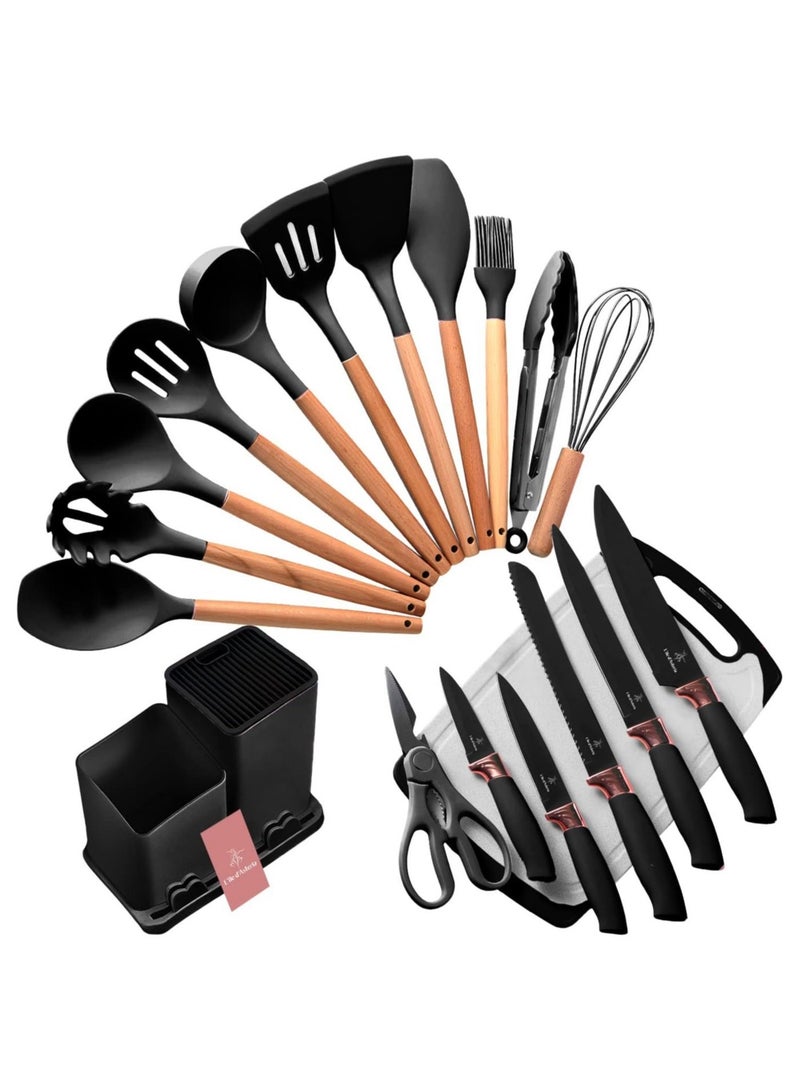 Silicone Kitchen Utensil Set 19-Piece - Wooden Handle Non-Stick Cooking Tools, Heat Resistant Spatula Set with Knife Set & Holder, BPA-Free Kitchen Cooking Gadget Kit - Image 1