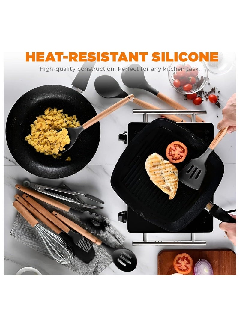 Silicone Kitchen Utensil Set 19-Piece - Wooden Handle Non-Stick Cooking Tools, Heat Resistant Spatula Set with Knife Set & Holder, BPA-Free Kitchen Cooking Gadget Kit - Image 5