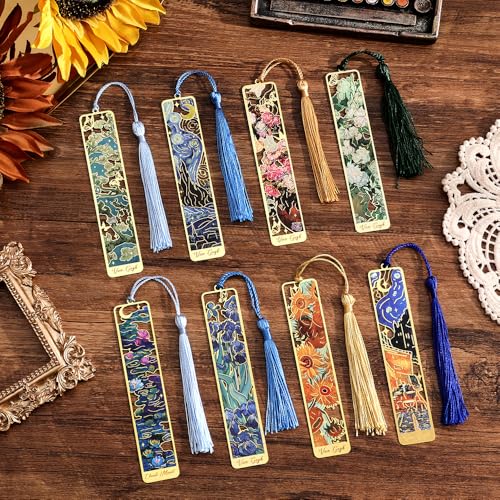 icceemee 8 Pieces of Gold Hollow Bookmarks with Tassels, Featuring Van Gogh and Monet Oil Painting Themes. Perfect for Book Lovers, Writers, Readers, Children, Teenagers, Men, Women, and Adults (8) - Image 1