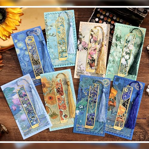 icceemee 8 Pieces of Gold Hollow Bookmarks with Tassels, Featuring Van Gogh and Monet Oil Painting Themes. Perfect for Book Lovers, Writers, Readers, Children, Teenagers, Men, Women, and Adults (8) - Image 5