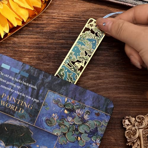 icceemee 8 Pieces of Gold Hollow Bookmarks with Tassels, Featuring Van Gogh and Monet Oil Painting Themes. Perfect for Book Lovers, Writers, Readers, Children, Teenagers, Men, Women, and Adults (8) - Image 2