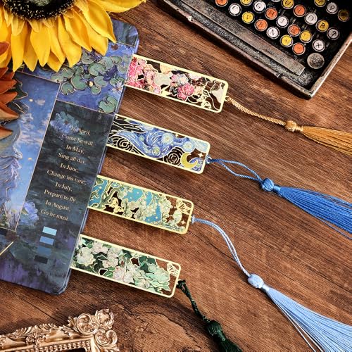icceemee 8 Pieces of Gold Hollow Bookmarks with Tassels, Featuring Van Gogh and Monet Oil Painting Themes. Perfect for Book Lovers, Writers, Readers, Children, Teenagers, Men, Women, and Adults (8) - Image 3