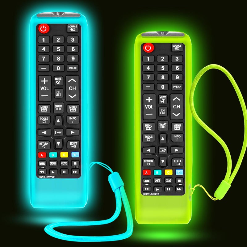 Silicloak 2Pack Case for Samsung TV Remote, Cover for Samsung Remote Control for Smart TV Universal Replacement Silicone Sleeve Skin with Lanyard Glow in The Dark Green and Blue - Image 1