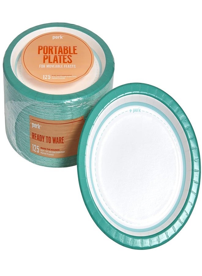 Perk Staples Paper Plates, 8.5 Inch, Medium-Weight Microwave-Safe, Disposable For Everyday Meals, Kitchen, Breakroom, Company Events, 125-Pack, White/Teal - Image 1