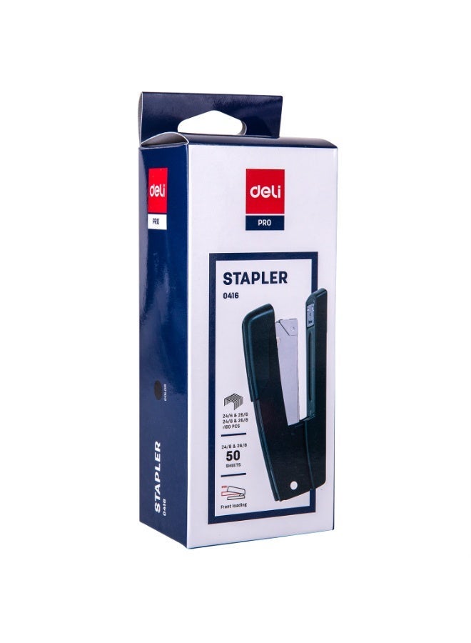 Deli E0416 Stapler 1 piece, 50 Sheets, Rotatable Anvil, Front Loading, Black/Silver - Image 2