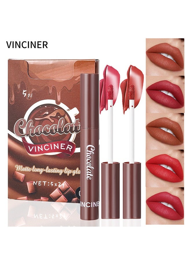 VINCINER - Chocolate Matte Long Lasting Lip Gloss- 5 Colors Nude Lipstick Set Liquid Lipstick- Velvet Lip Gloss Lip Stain Long Lasting Waterproof Nude Pink Lipstick Set for Women Lip Makeup Kits #02 - Image 1