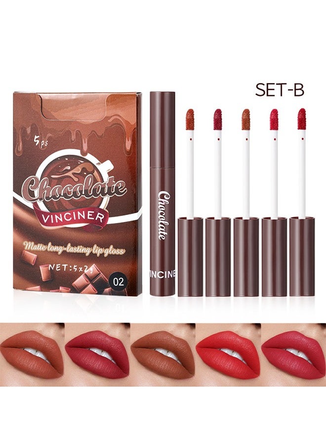 VINCINER - Chocolate Matte Long Lasting Lip Gloss- 5 Colors Nude Lipstick Set Liquid Lipstick- Velvet Lip Gloss Lip Stain Long Lasting Waterproof Nude Pink Lipstick Set for Women Lip Makeup Kits #02 - Image 1