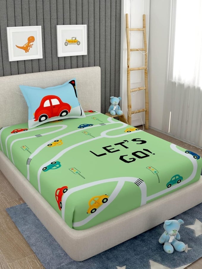 100 COTTON 160TC KIDS SINGLE BEDSHEET WITH 1 PILLOW COVER FOR KIDS ROOM150X224 CM GREEN