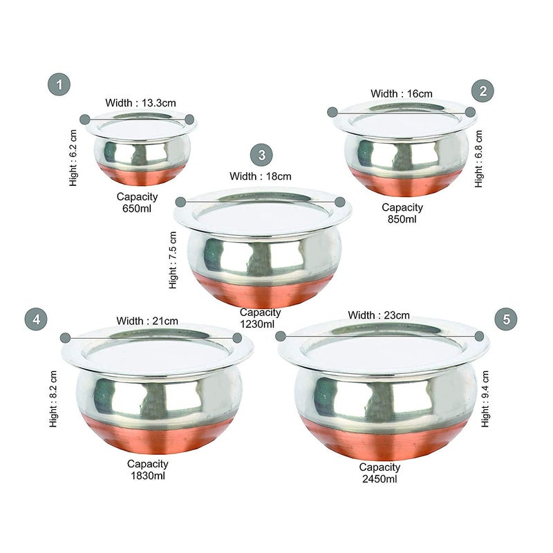 RBGIIT Stainless Steel Copper Bottom Handi with lid Kitchen Serving Cookware Bowl Cooking Bowl Handi Set 5Pieces Biryani Handi Set - Image 2