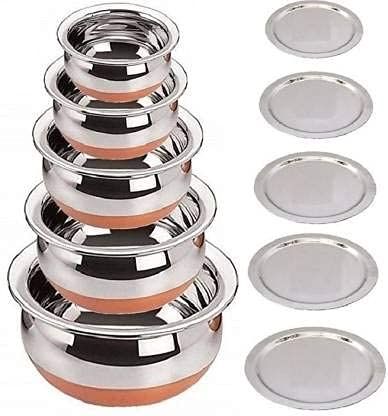 RBGIIT Stainless Steel Copper Bottom Handi with lid Kitchen Serving Cookware Bowl Cooking Bowl Handi Set 5Pieces Biryani Handi Set - Image 3