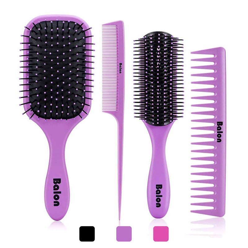 4Pcs Detangling Hair Brush Set for Women  Paddle Brush for Wet or Dry No More Tangles for Straight Long Thick Curly and Natural Hair Purple
