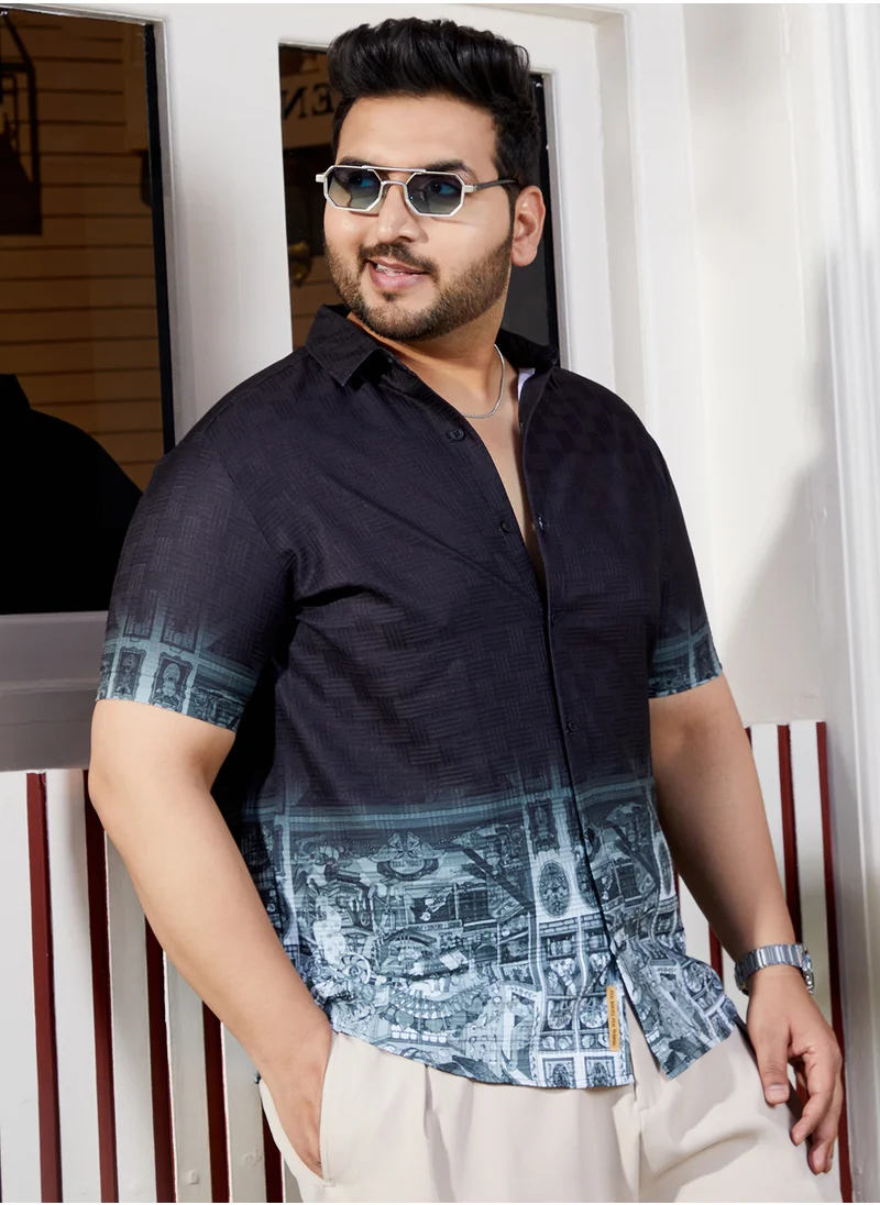 انستافاب بلس Instafab Plus Men's Prussian Blue Folk Ombre-Tactile Shirt For Casual Wear | Spread Collar | Short Regular Sleeves | Button Closure | Plus Size Shirt Crafted With Comfort Fit For Everyday Wear