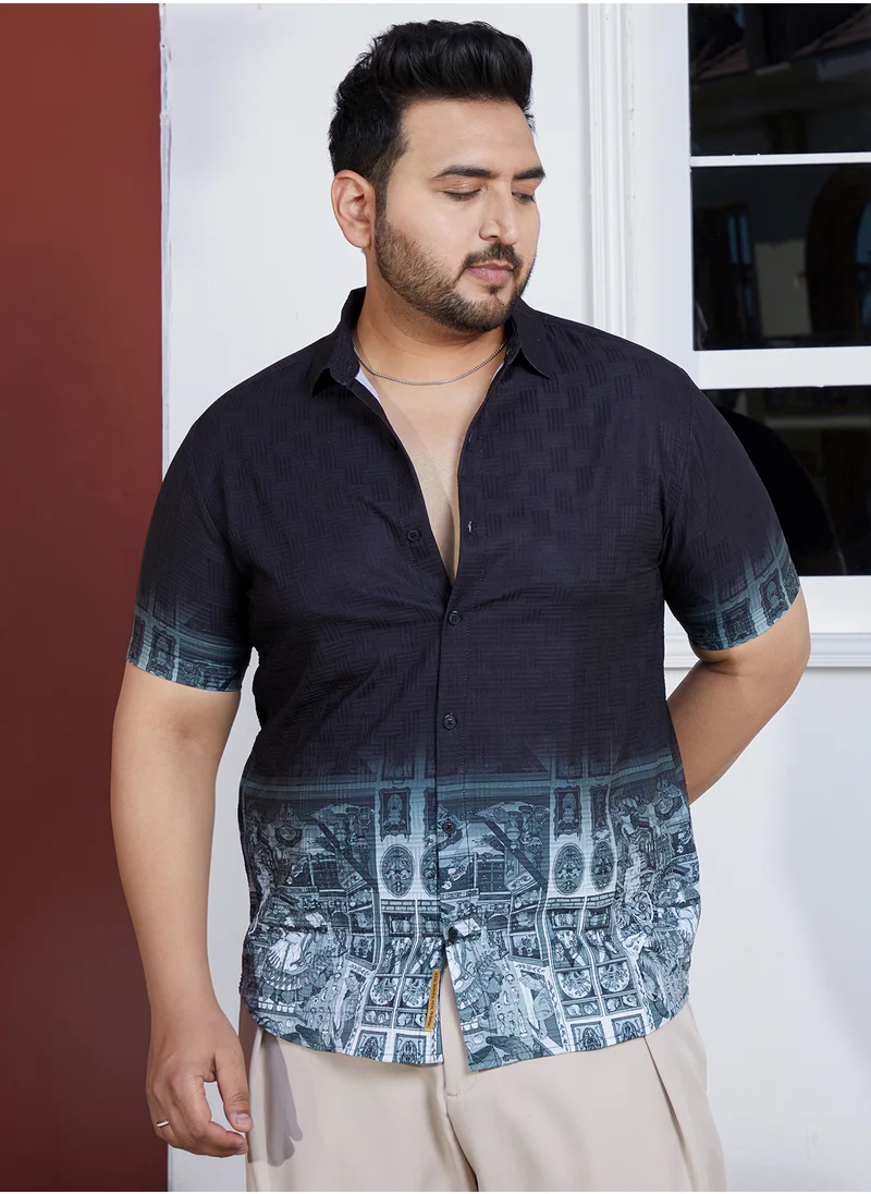 انستافاب بلس Instafab Plus Men's Prussian Blue Folk Ombre-Tactile Shirt For Casual Wear | Spread Collar | Short Regular Sleeves | Button Closure | Plus Size Shirt Crafted With Comfort Fit For Everyday Wear
