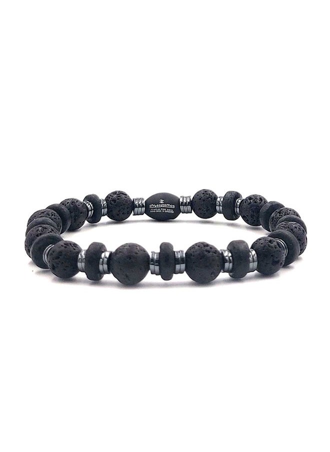 CHRYSOSTOMOS Handmade Beaded Bracelet with Black Lava, Coconut Grommet and Silver Hematite, Durable Silicone Elastic  - Image 1
