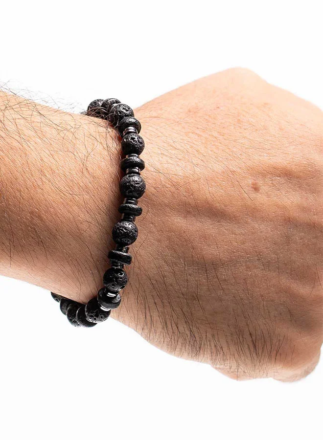 CHRYSOSTOMOS Handmade Beaded Bracelet with Black Lava, Coconut Grommet and Silver Hematite, Durable Silicone Elastic