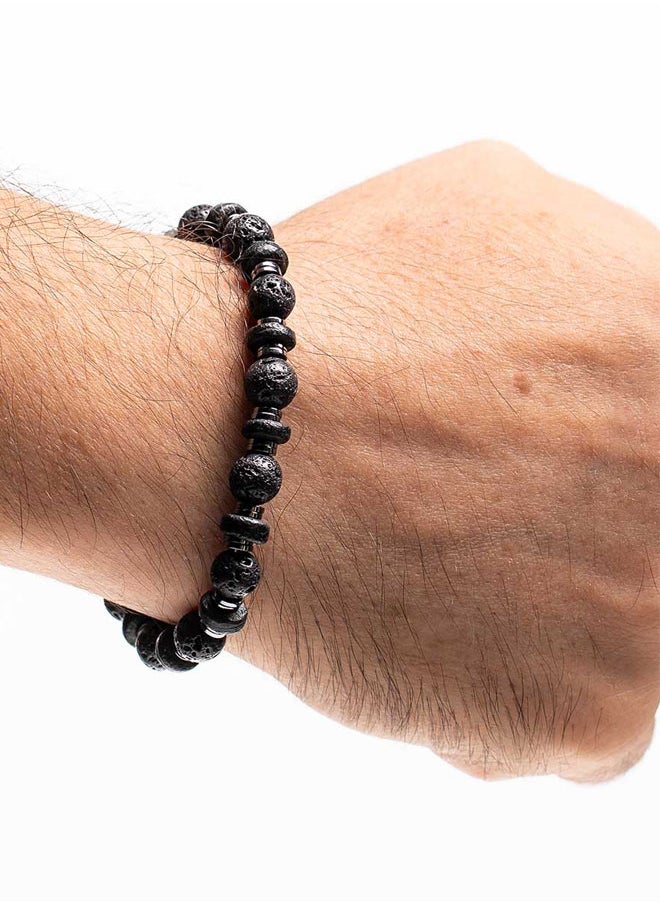 CHRYSOSTOMOS Handmade Beaded Bracelet with Black Lava, Coconut Grommet and Silver Hematite, Durable Silicone Elastic  - Image 3