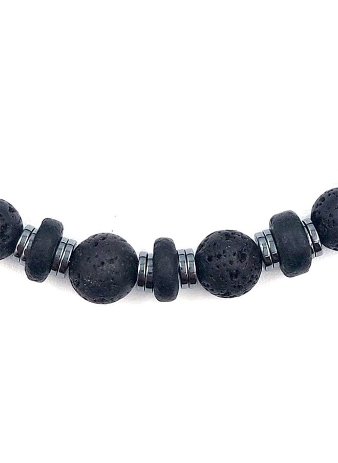 CHRYSOSTOMOS Handmade Beaded Bracelet with Black Lava, Coconut Grommet and Silver Hematite, Durable Silicone Elastic  - Image 2