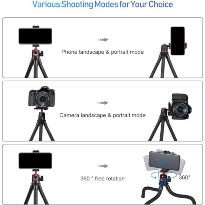 MT-11 Camera Tripod: Mini Flexible Stand with Hidden Phone Holder, Cold Shoe Mount, 1/4'' Screw for Magic Arm Universal for iPhone 13/12 Pro Max/XS Max/X/8, Samsung, Canon, Nikon, Sony Cameras - Image 5