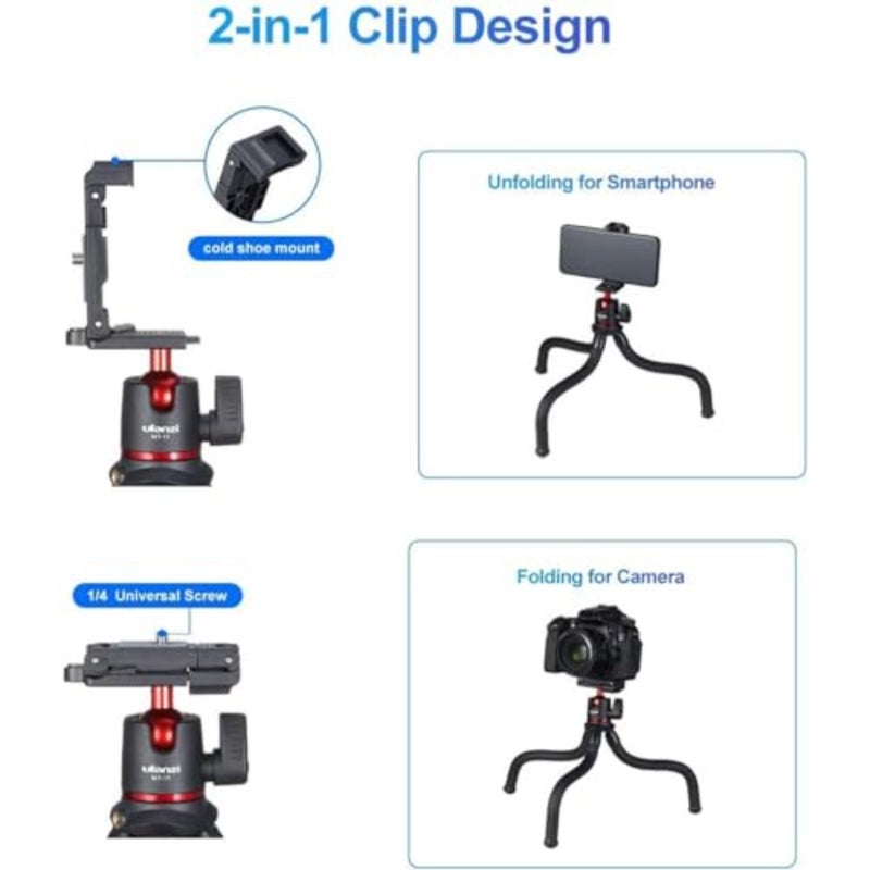 MT-11 Camera Tripod: Mini Flexible Stand with Hidden Phone Holder, Cold Shoe Mount, 1/4'' Screw for Magic Arm Universal for iPhone 13/12 Pro Max/XS Max/X/8, Samsung, Canon, Nikon, Sony Cameras - Image 2