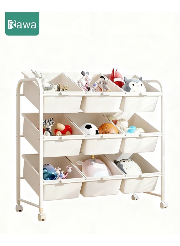 Rawa Three-tier children's toy storage unit with nine removable compartments, serving as both a toddler bookshelf and toy organiser. This contemporary toy rack is ideal for children's bedrooms, playrooms and nurseries. - Image 1