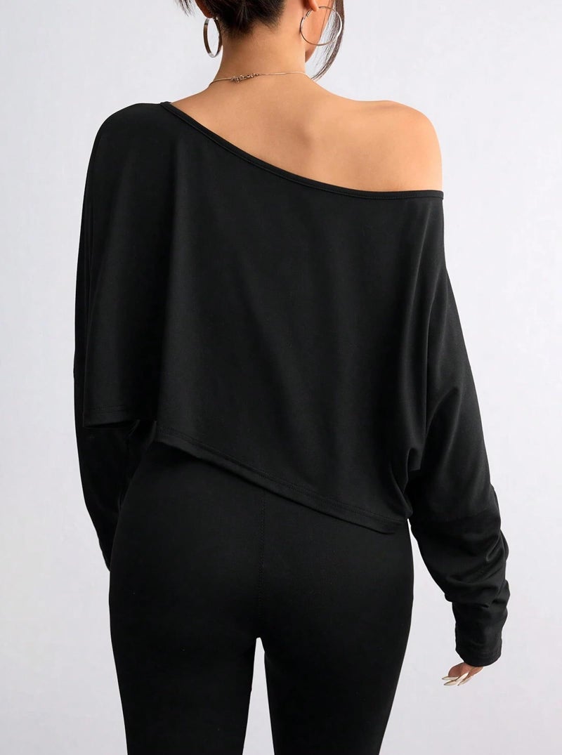 Hilinker Womens Off Shoulder Long Sleeve Crop Tops Sexy Boat Neck Loose Casual T Shirt Black Large - Image 2