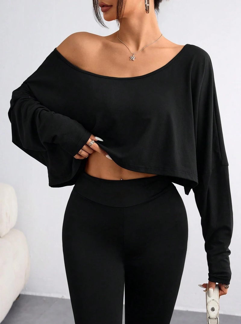 Hilinker Womens Off Shoulder Long Sleeve Crop Tops Sexy Boat Neck Loose Casual T Shirt Black Large - Image 3
