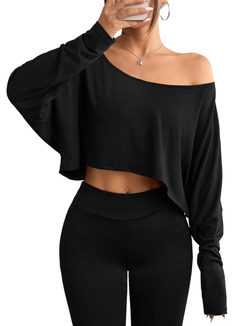 Hilinker Womens Off Shoulder Long Sleeve Crop Tops Sexy Boat Neck Loose Casual T Shirt Black Large - Image 1