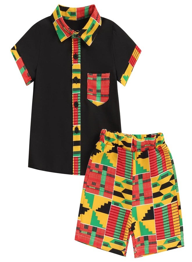 Mubineo Toddler Baby Boy Summer African Print Kente Dashiki Clothes Outfits T Shirts Shorts Sets (Black Yellow, 4-5 Years) - Image 1