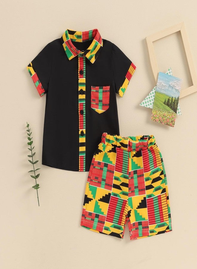 Mubineo Toddler Baby Boy Summer African Print Kente Dashiki Clothes Outfits T Shirts Shorts Sets (Black Yellow, 4-5 Years) - Image 2