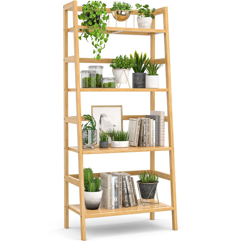 Homykic Bamboo Bookshelf 4-Tier Ladder Shelf, 49.2â€ Freestanding Open Bookcase Book Shelf Bathroom Storage Shelf Unit Plant Stand for Small Space, Bedroom, Living Room, Home Office, Natural - Image 1