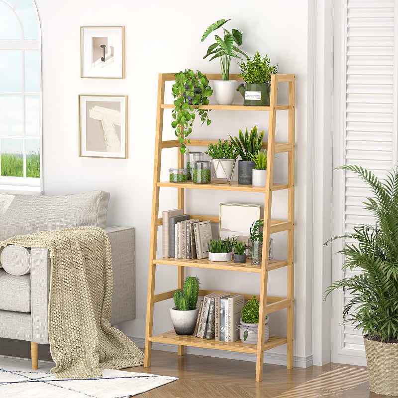 Homykic Bamboo Bookshelf 4-Tier Ladder Shelf, 49.2â€ Freestanding Open Bookcase Book Shelf Bathroom Storage Shelf Unit Plant Stand for Small Space, Bedroom, Living Room, Home Office, Natural - Image 2