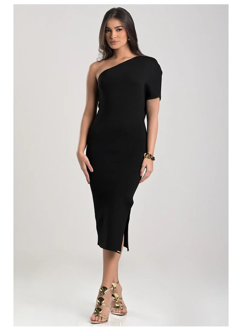Black One-Shoulder Bandage Knit Dress