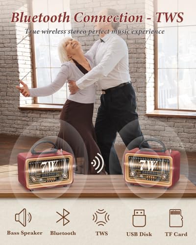 PRUNUS Retro Vintage Radio with Bluetooth Rich Bass Stereo Sound Radios Portable AM FM Rechargeable Speaker with TWS Pairing Loud VolumeBT50 TF Card MP3 Player for HomeParty - Image 3
