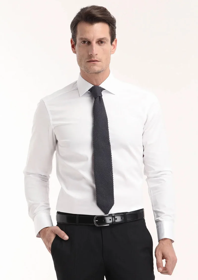 RAMSEY White Plain Regular Fit Weaving Classical 100% Cotton Shirt