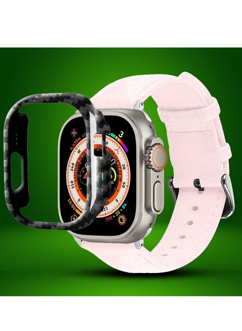 CATANES 2 Packs For Apple Watch Band 49mm Leather Band Buckle Strap Wristband and Carbon Fiber Case Holder Pink - Image 2