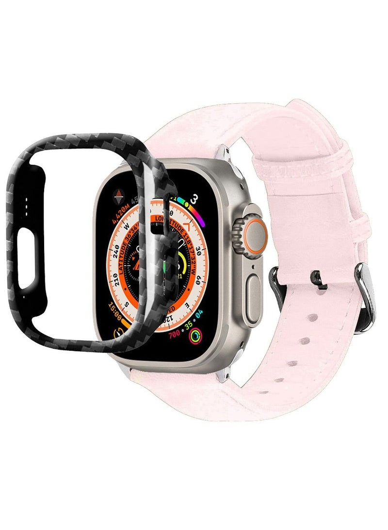 CATANES 2 Packs For Apple Watch Band 49mm Leather Band Buckle Strap Wristband and Carbon Fiber Case Holder Pink - Image 3
