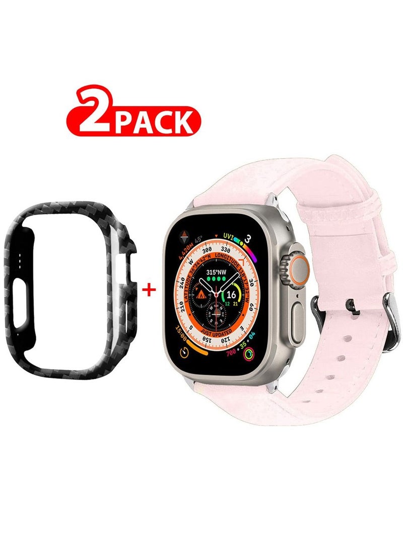 CATANES 2 Packs For Apple Watch Band 49mm Leather Band Buckle Strap Wristband and Carbon Fiber Case Holder Pink - Image 1